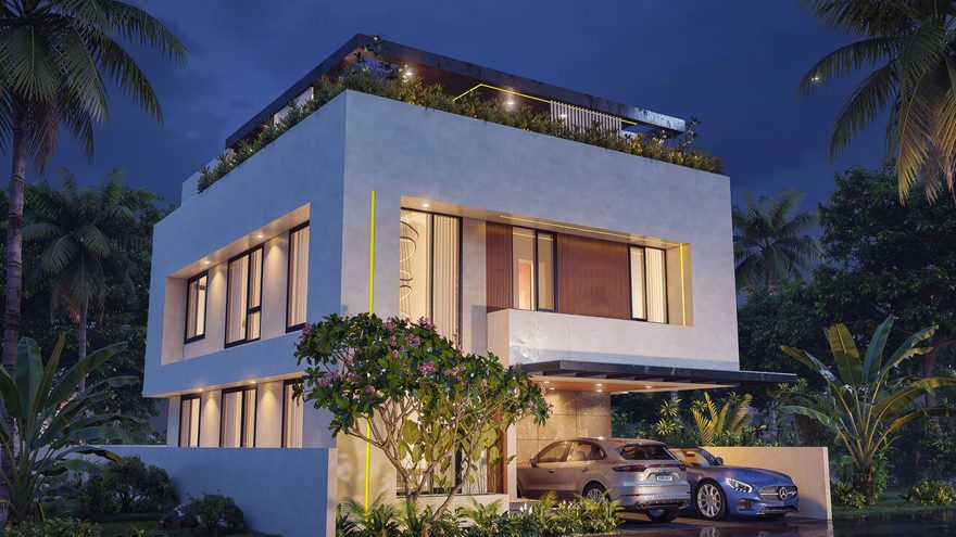 Front elevation of a villa at dusk with stacked volumes, planted roof terrace and covered car porch