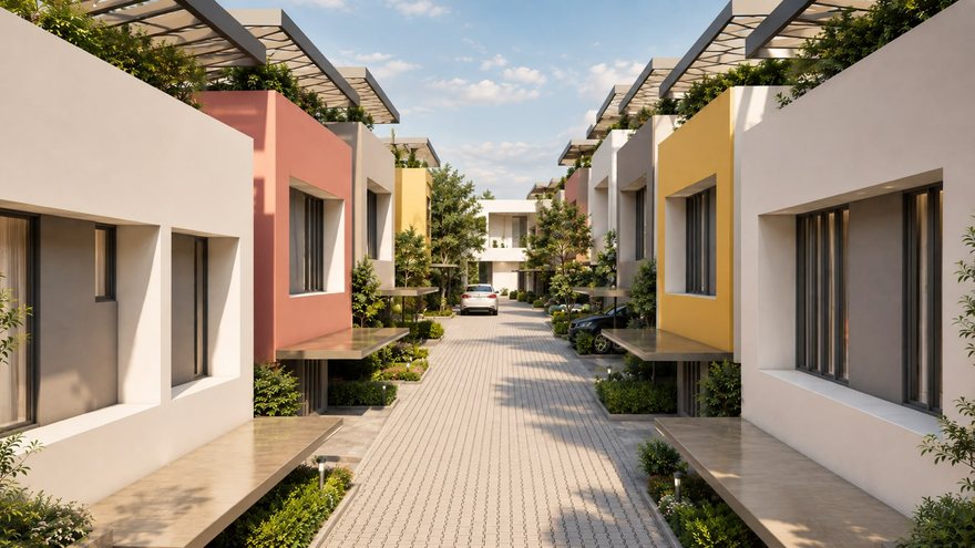 Street view along the villa row with pergola canopies and roof planting