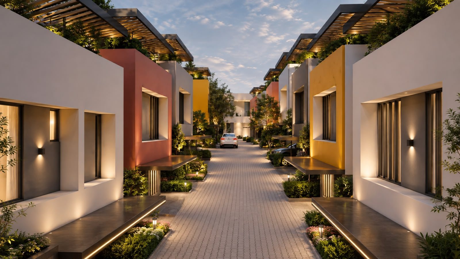 The internal street at dusk, façades and pergolas warmly lit