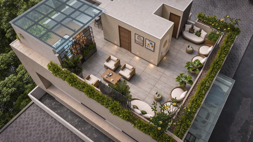 Aerial view of a furnished private roof terrace with lounge seating, jacuzzi pergola and planting