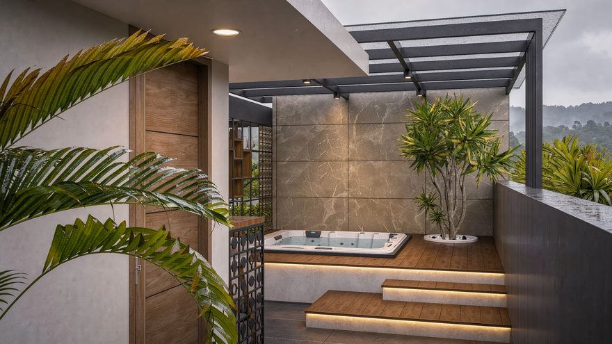 Private jacuzzi on the roof terrace beneath a pergola, framed by a marble wall and planting