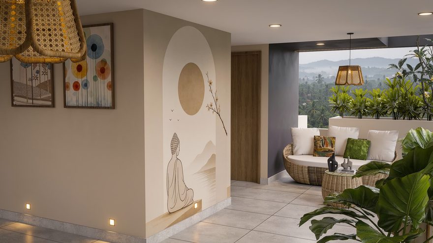 Covered terrace lounge with a feature mural, rattan seating and open views over the greenery