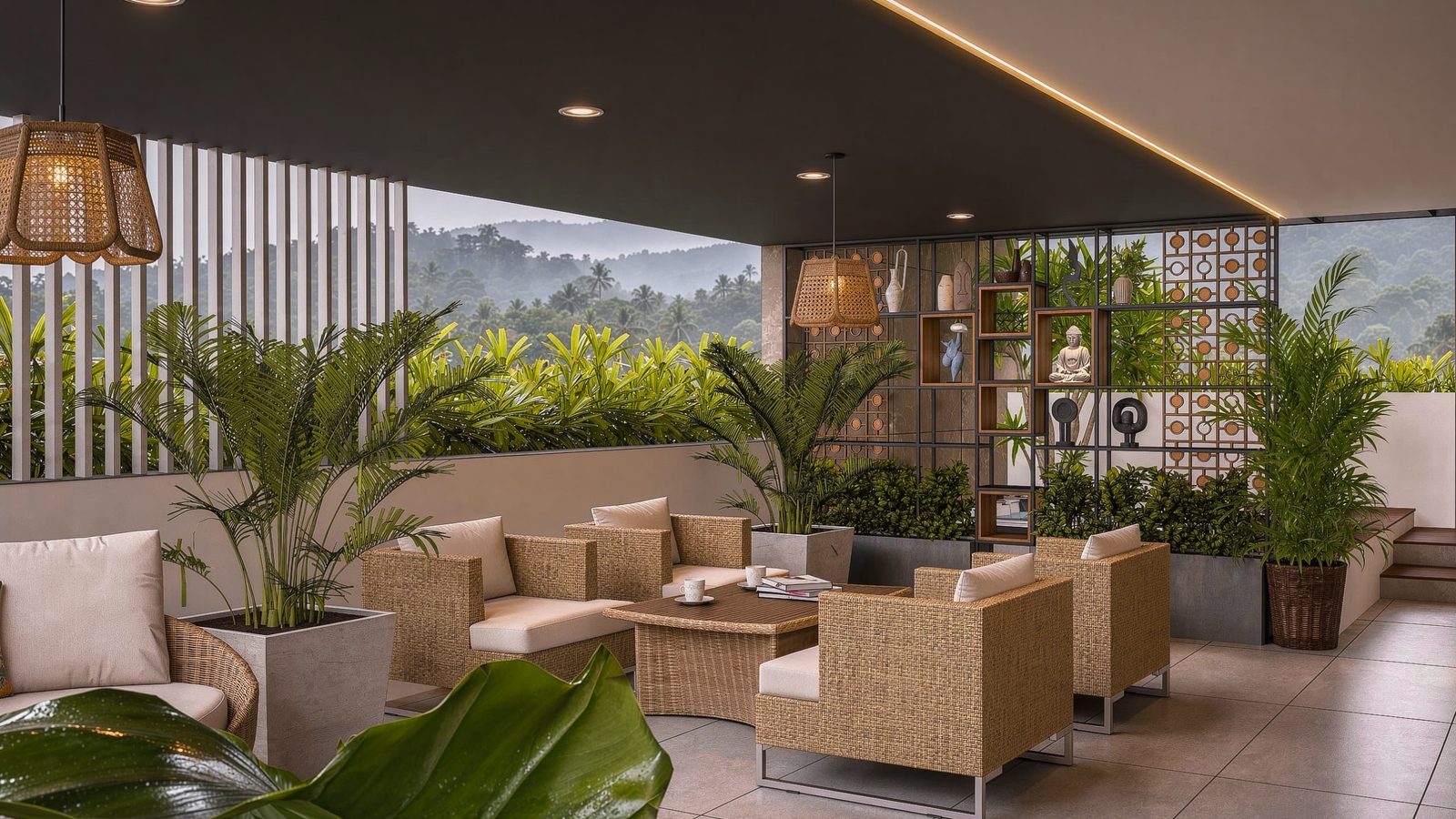 Private roof terrace at dusk with rattan lounge seating, planting and hill views